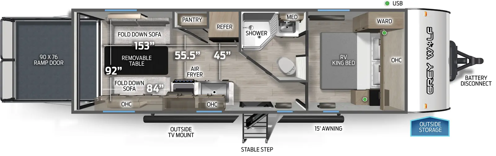 The Grey Wolf 22RR floorplan is a toy hauler that has one entry and zero slide outs. Exterior features include: metal exterior and 15' awning. Interiors features include: front bedroom.